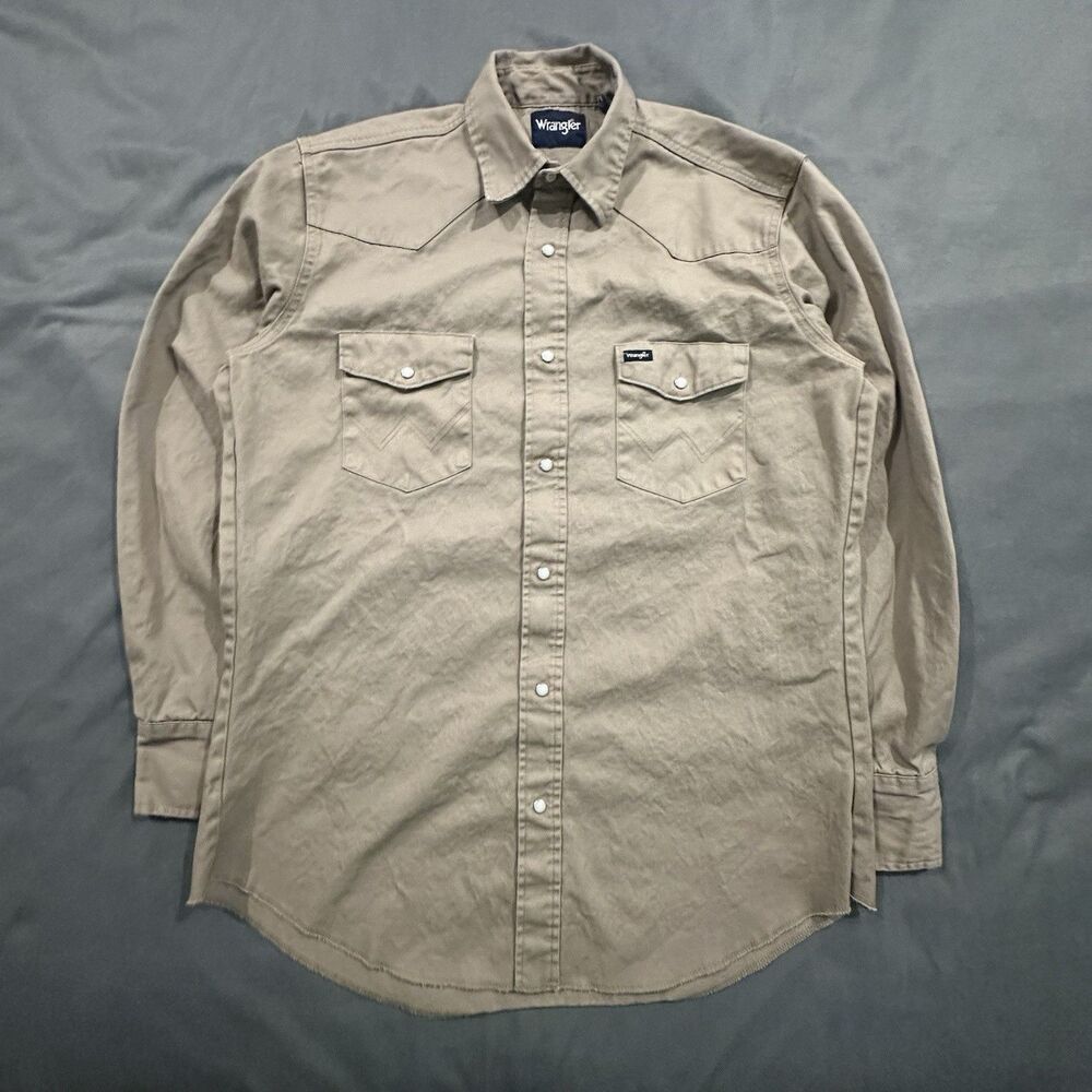 Wrangler Shirt Mens LT Beige Khaki Twill Pearl Snap Cowboy Rodeo Western